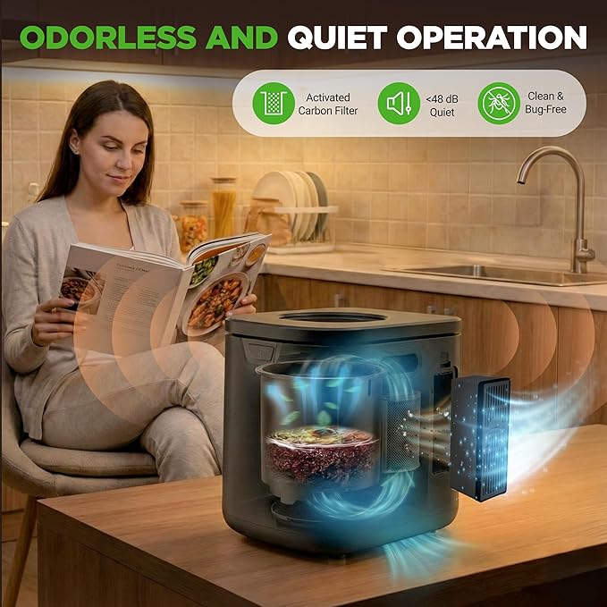 NutriChef 4 Quart Electric Kitchen Composter | Smart Countertop Composter Includes 2 Odorless Carbon Filters | Electric Compost Bin for Indoor Use | 3 Volume Based Modes Small, Medium & Large | Gray