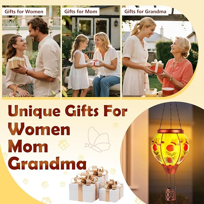 Butterfly Solar Hot Air Balloon Lantern,Outdoor Decor with Flame Lights Waterproof, Hanging for Garden Yard Lawn Patio, Unique Gifts for Women Mom Grandma Gardener for Mother'Day Christmas