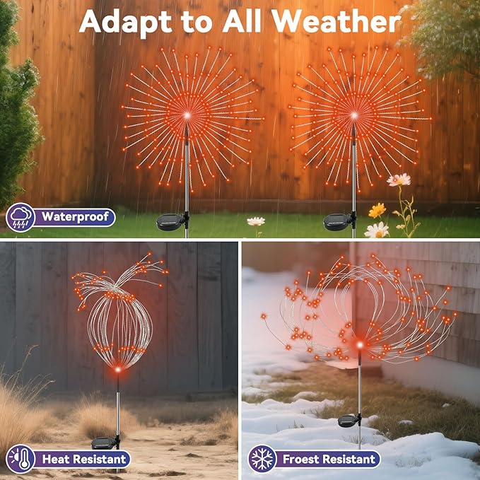 Garden Outdoor Lights, 2 Pack 120 LED Solar Garden Lights Fairy Lights Outdoor Waterproof Decorative Solar Firework Lights for Yard, Patio, Pathway, Flowerbed Party Wedding Decor, Orange