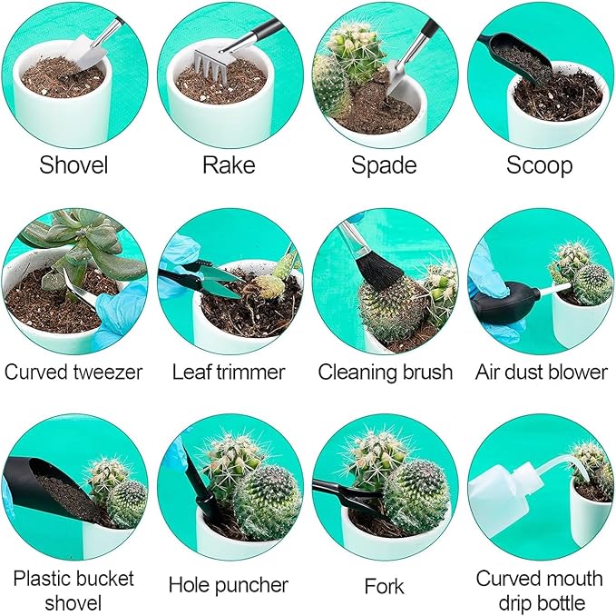 Pack of 20 Succulent Tool Set - 39.4" Indoor Plant Repotting Mat and 19 Pcs Miniature Succulent Hand Tools Garden Flower Plants Transplanting Supplies for Indoor Outdoor Plant Care, Green