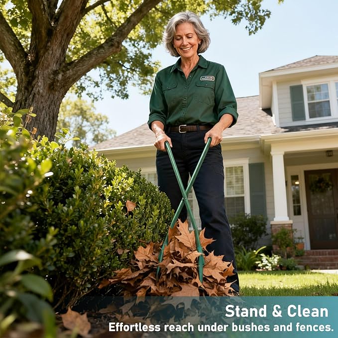 Long Handle Leaf Grabber with 32-Gallon Bag - No Bend Leaf Pickup Tool, Metal Handle with Comfort Grip, Yard Waste Bags for Lawns, Garden, Leaf Rake Set Alternative