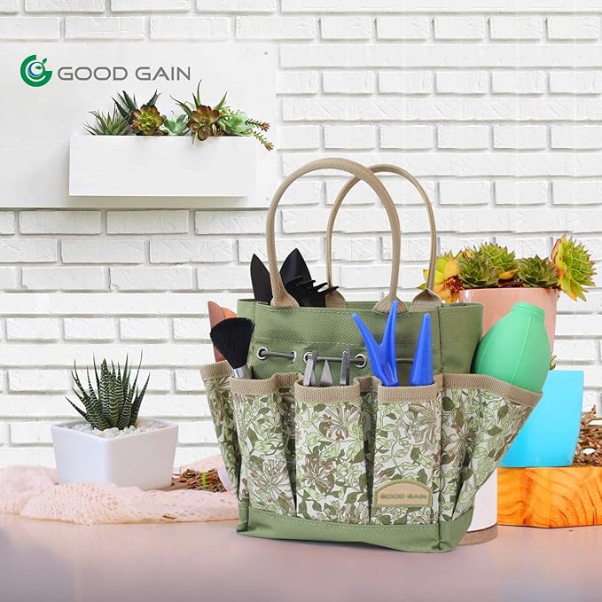G GOOD GAIN Garden Succulent Kit with Organizer Bag, 15 Pieces Succulent Tools, Indoor Mini Hand Gardening Tools Set with Carrier for Bonsai Planter Miniature Fairy Planting Care(Honeysuckle)