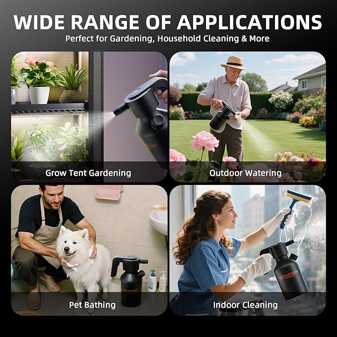 Spider Farmer Electric Spray Bottle 2L/0.5 Gallon, Portable Automatic Sprayer with Adjustable Nozzle and Measuring Cup, Type-C Rechargeable Plant Mister for Indoor & Outdoor Gardening and Cleaning