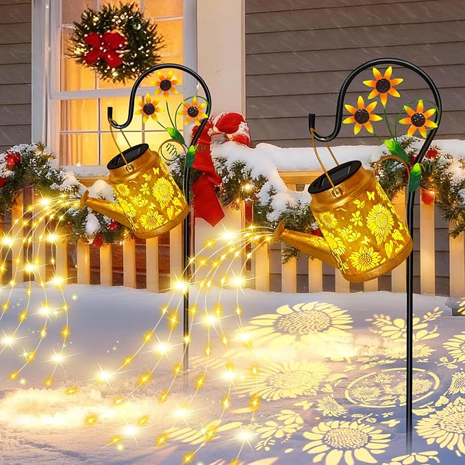 Christmas Gifts Sunflower Solar Watering Can Lights, Outdoor Waterproof Garden Lanterns with Shepherd Hook, Solar Garden Decor for Yard Outdoor Landscape Pathway, Gift for Women Mom Grandma, 2 Pack