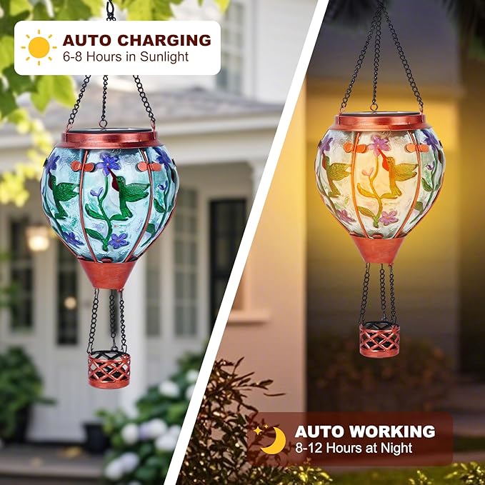 Hummingbird Solar Hot Air Balloon Lantern,Outdoor Decor with Flame Lights Waterproof, Hanging for Garden Yard Lawn Patio, Unique Gifts for Women Mom Grandma Gardener for Mother'Day Christmas