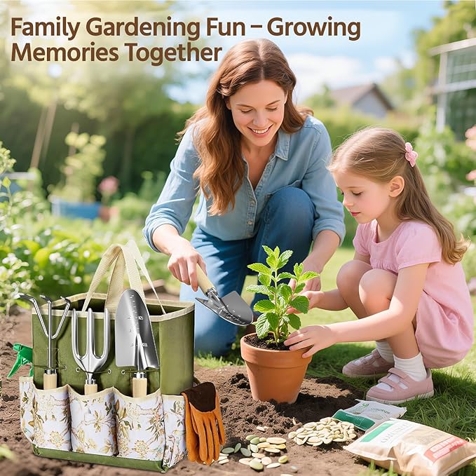 LASZOLA 9 Pcs Garden Tools Set with Tote Bag and Hand Trowel Rake Shovel, Heavy Duty Stainless Steel Gardening Kit for Outdoor Plant, Standable Portable Handbag Organizer, Ideal for Women Mom, Green