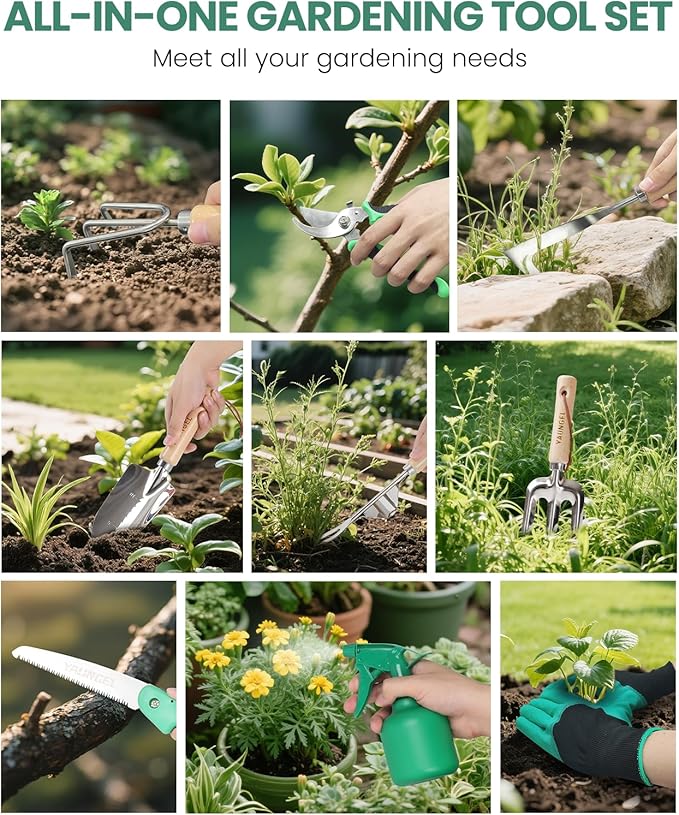 Gardening Tool Set for Women - 10 Piece Heavy Duty Stainless Steel Garden Tools Kit with Ergonomic Non-Slip Handle and Stylish Storage Tote Bag, Ideal Gardening Gifts for Mom, Grandma, Gardeners