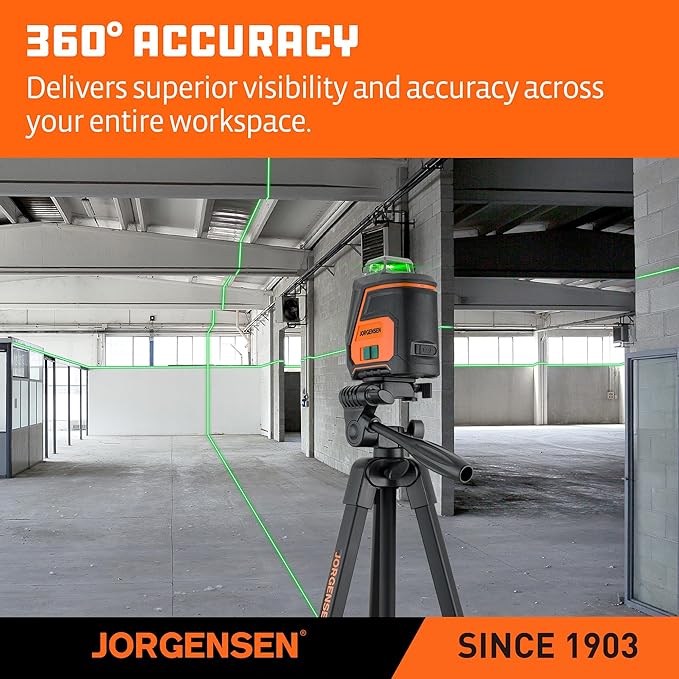 JORGENSEN 360° Laser Level with Tripod, 100 FT Rechargeable Self Leveling Cross Line Laser Leveler Tool with Magnetic Base, Wide Angle Green Laser Level for Picture Hanging, Floor Tile, Construction