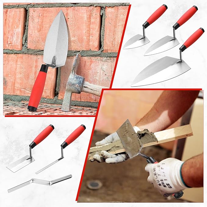 Lasnten 6 PCS Masonry Hand Tool Set 11" x 5-1/2" Philadelphia Brick Trowel 2 Pointing Trowel 5 x 2'' Margin 1/2" Tuck 5/8'' x 1/2'' Convex Brick Jointer Soft Grip Handle Concrete Towel Tool Finishing