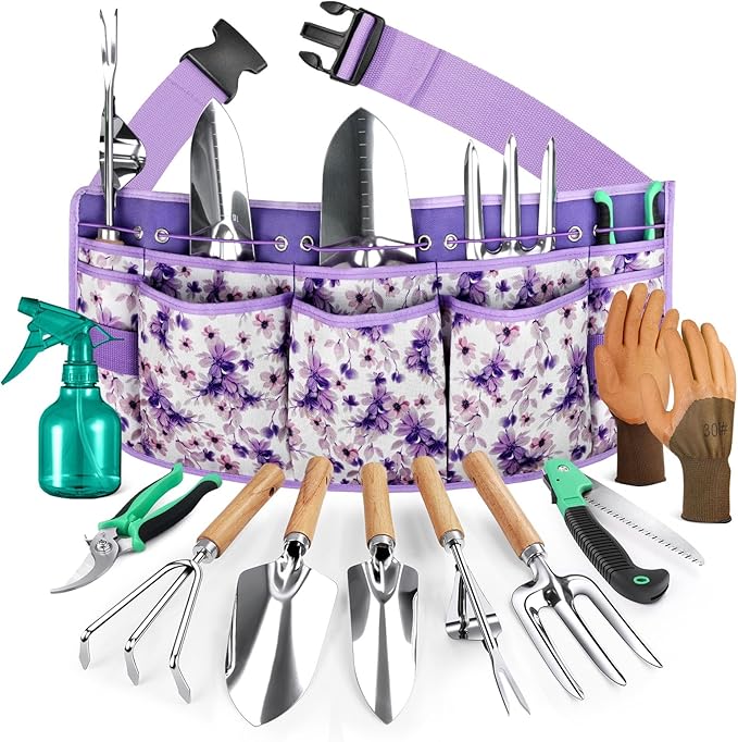All-in-One Garden Tool Set with Tools Organizer Belt Adjustable, 10-Piece Gardening Hand Tools, Long Lasting Rust-Proof Premium Garden Tool Kit, Gardening Gift for Women Men (Purple)