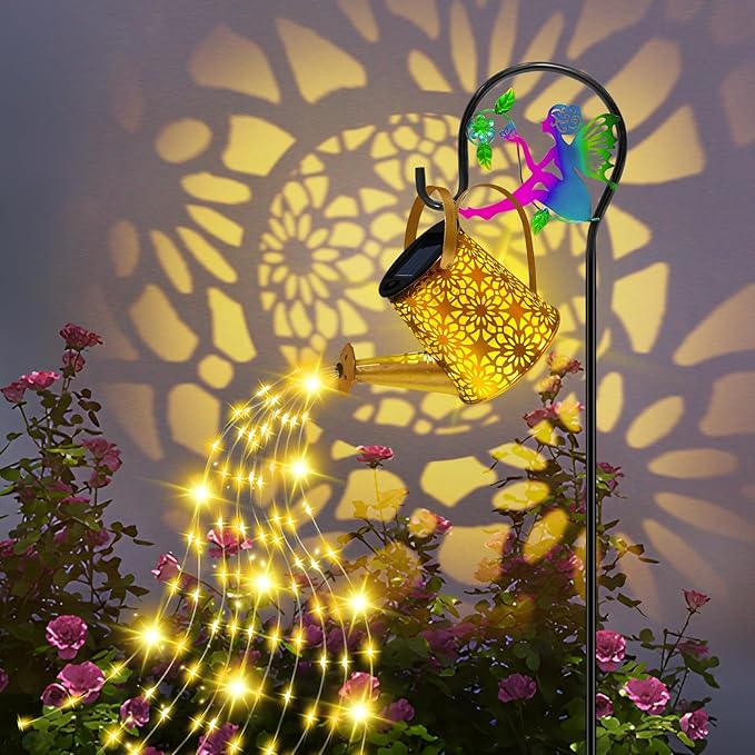 Solar Lights Garden Decorative, Solar Watering Can with Cascading Lights, Waterproof Metal Lantern with Fairy Shepherd Hook, Outdoor Decor for Yard, Patio, Lawn, and Pathway, Gardening Gifts for Mom