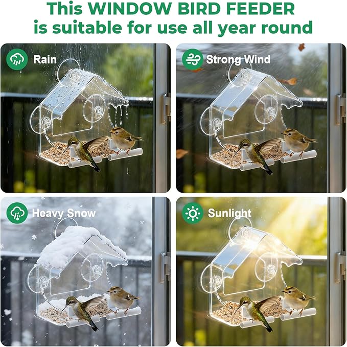 Clear Window Bird Feeder for Outside - Strongest Suction Cups 360° View Acrylic Design, Easy Fill & Clean Removable Tray-Perfect Christmasfor Gifts Bird Lovers, Kids, Grandparents,Cat Owners