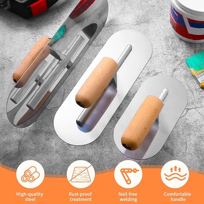 Lasnten 3 Piece Pool Trowel, Stainless Steel Finishing Masonry Trowel Set Includes 14" x 4", 12" x 4", 8" x 3", Lightweight Wooden Handle, for Drywall Concrete Cement Plastering Tool(Round Head)