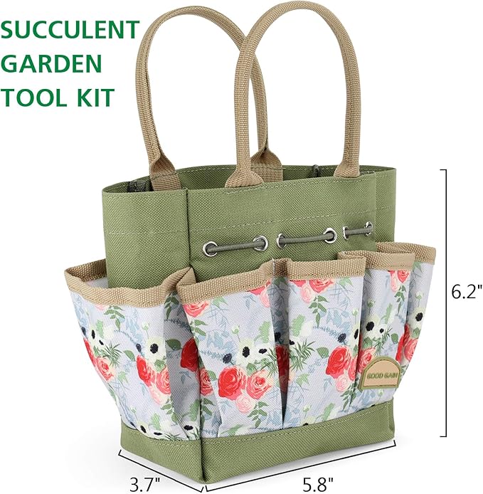 G GOOD GAIN Garden Succulent Kit with Organizer Bag, 15Pieces Succulent Tools, Indoor Mini Hand Gardening Tools Set with Carrier for Bonsai Planter Miniature Fairy Planting Care(Rose)