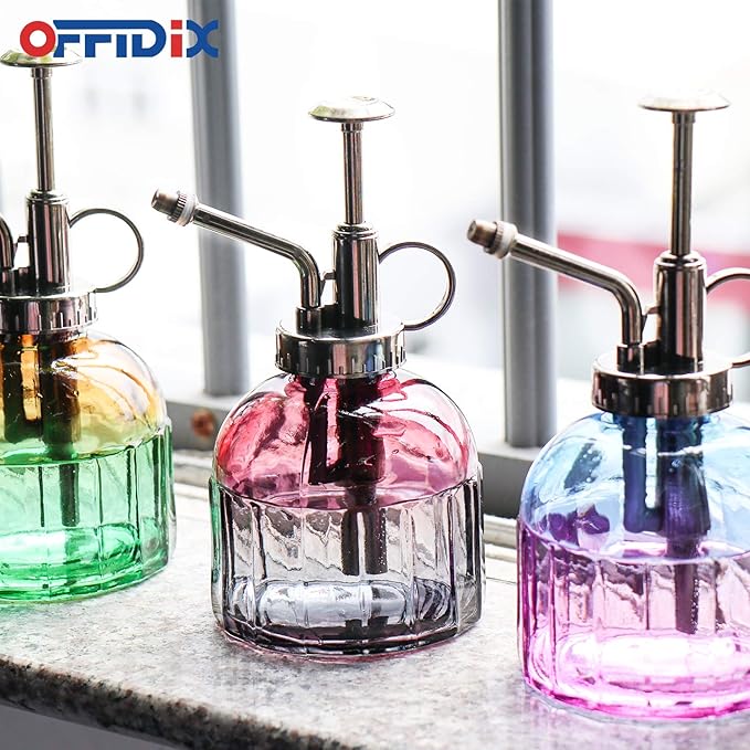OFFIDIX Glass Spray Bottle,Flower Mister Indoor Plant Watering Can Plant Mister with Bronze Plastic Top Pump Glass Small Watering Can One Hand Small Watering Cans for House Plants
