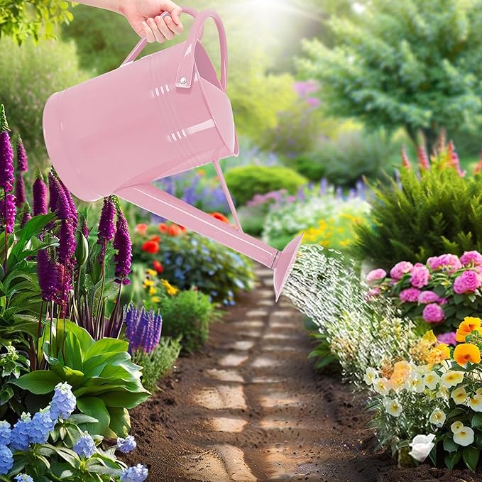 Metal Watering Can for Outdoor Plants, 2 Gallon, Garden Watering Can for Flower, Houseplants (Pink)