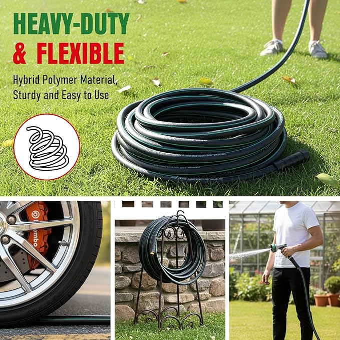 Heavy Duty Garden Hose 75ft with Nozzle, NON-EXPANDABLE Flexible Water Hose, Kink Resistant Lightweight Hybrid Hose, Leakproof Hose Male to Female Fittings