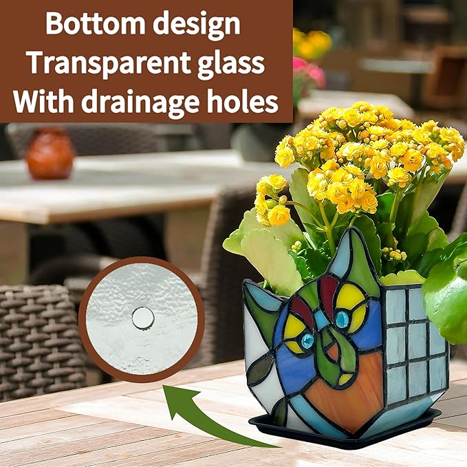 Tiffany Style Cute Cat Flower Pot with Drainage, Unique Stained Glass Indoor Plant Planter, Tiltable Cat Decor, Plant Lover Gifts for Women 4.6x3x5.15 in
