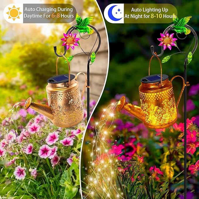 Solar Lanterns Outdoor Waterproof, Hummingbird Flower Watering Can Garden Decor, Hanging lights Path Lights Yard Patio Decorations Gardening Birthday Gift for Mom Grandma Girlfriend with Shepherd Hook