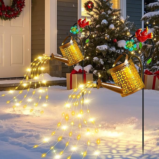 Solar Lights Outdoor, Watering Can with Cascading Lights, Watering Can with Hook Solar Lantern, Gardening Decor for Yard Patio, Gardening Gifts for Mom Grandma Women (2 Pack)
