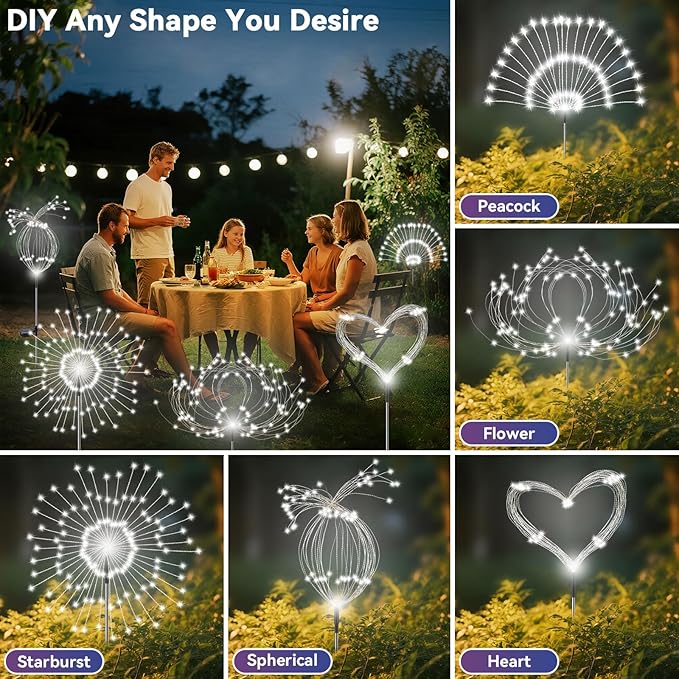 Garden Outdoor Lights, 2 Pack 120 LED Solar Garden Lights Fairy Lights Outdoor Waterproof Decorative Solar Firework Lights for Yard Patio Pathway Flowerbed Party Wedding Decor, White