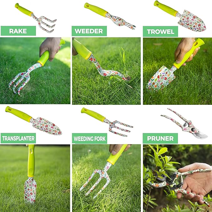 Garden Tool Set 9 Piece Heavy Duty Aluminum Gardening Hand Tools Kit Cute Gardening Supplies with Non-Slip Rubber Grip Gift for Women/Parent