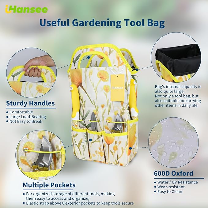 10-Piece Yellow Gardening Tools, Thanksgiving/Christmas/White Elephant Gifts for Women Adults, Birthday Gardening Gifts for Mom Grandma Gardener Wife, Floral Garden Tool Sets with Garden Tote