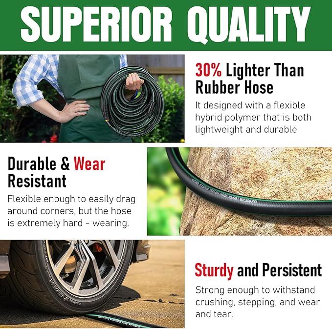 Garden Hose 25ft with 10 Function Nozzle, NON-EXPANDABLE Flexible Water Hose, Kink Resistant Lightweight Hybrid Hose, Leakproof Hose Male to Female Fittings
