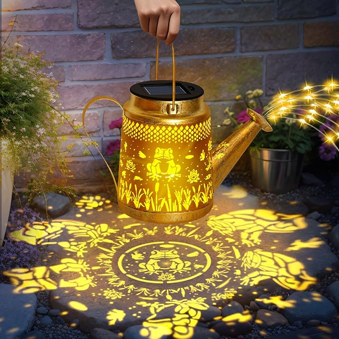 Christma Gifts Solar Lanterns Outdoor Garden Decor, Mothers Day Gifts for Women Mom Grandma Birthday, Large Frog Hanging Watering Can with Shepherd Hook, Waterproof Garden Lights for Outdoor Yard