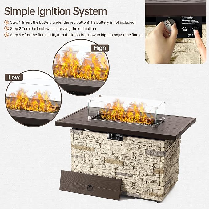 PIZZELLO 43 Inch Outdoor Fire Pit Table, 50,000 BTU Rectangle Propane Fire Pit with Glass Wind Guard, Rain Cover, Removable Lid, Matching with Outdoor Furniture Sets, CSA Certified (Buff)