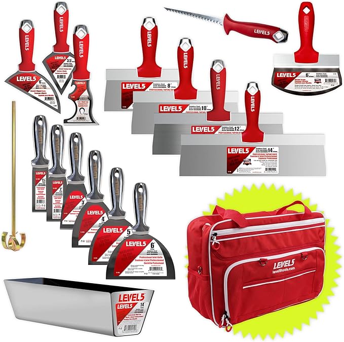 LEVEL5 CONTRACTOR'S Hand Tool Set - Welded Joint, Taping, & Specialty Knives, Mud Pan, Mixer, Jab Saw + Free Bag | 5-683