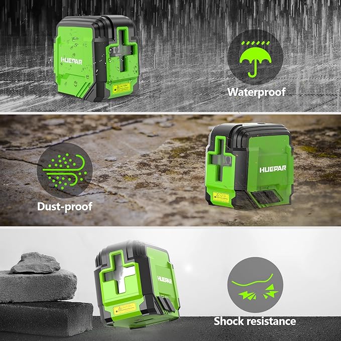 Laser Level, HUEPAR 98Ft Self Leveling Laser Level Green Line Laser Cross Line Laser Leveler Tool for Picture Hanging, Tile, Home Renovation, Indoor Project, Battery&Carrying Bag Includ with L-Bracket