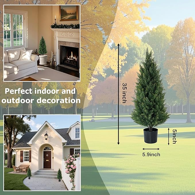 Artificial Topiary Trees 3 Foot Artificial Cedar Trees UV Resistant Potted Plant Set of 2 Faux Bushes Fake Shrubs for Outdoor Indoor Front Porch Garden