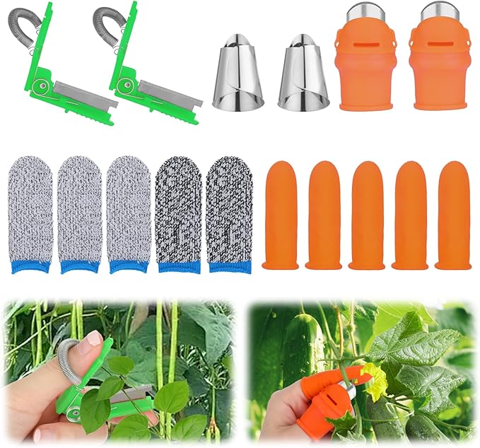 16 Pcs Gardening Thumb Knife Cutter Harvesting Tool Silicone Finger Knife Plant Vegetable Fruit Picking Trim Multifunctional Thumb Pruners for Gardening Rubber and Knitted Finger Cover Protection