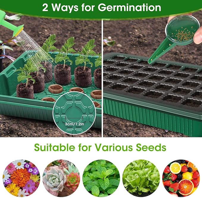 MQUPIN Seed Starter Tray with Grow Light 4 LED, 2 Pack/80 Cells Adjustable Brightness Seed Starter Kit,Seedling Starter Kit with Dome and Base for Greenhouse Seeds Growing Starting(Green)