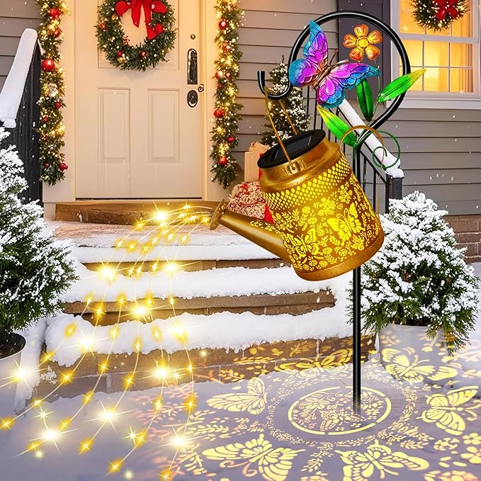 Christmas Gifts Solar Watering Can Lights Outdoor Garden Decor, Large Butterfly Hanging Lantern with Shepherd Hook, Waterproof Garden Lights for Outdoor Landscape Pathway Yard, Gift for Mom Grandma