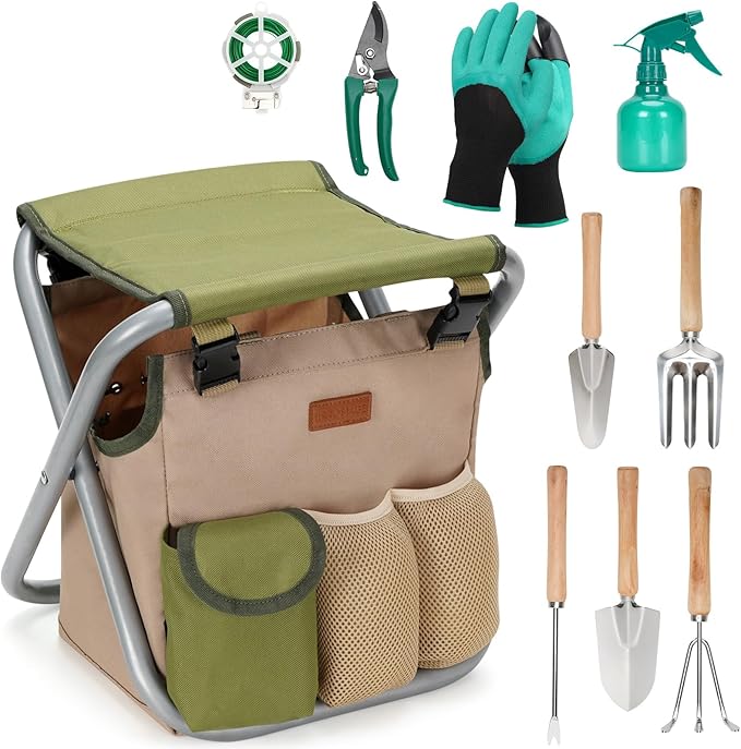 INNO STAGE 10 Piece Gardening Hand Tools Set with Garden Storage Tote Bag and Seat-Best Garden Tools Kit Organizer Valentine's Day Gifts