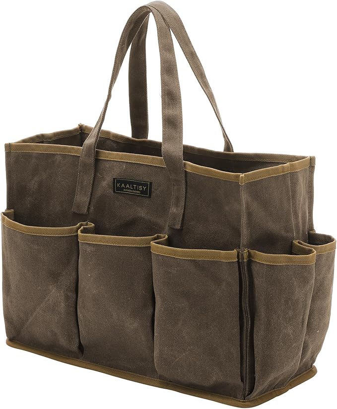 16OZ Waxed Canvas Tool Tote Bag for Garden Tools Wrench Set & Screwdrivers | 11-Pocket Garden Tool Bag with Portable Handles, Multi-Purpose Tool Storage Organizer (14"L x 5.5"W x 10.5"H) – Grey