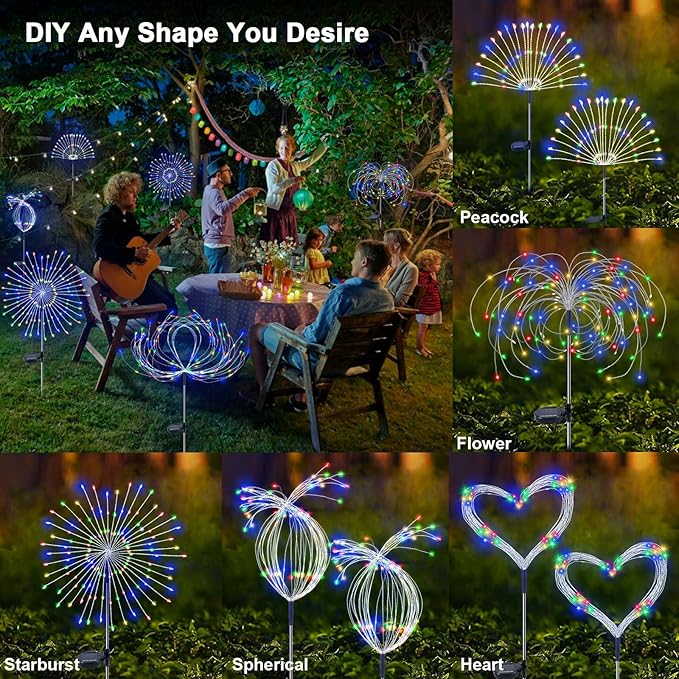YaaFen Solar Garden Lights Outdoor, 4 Pack 120 LED Twinkling Firework Lights Decorative with 2 Modes, Outdoor Waterproof Solar Starburst Light for Outside Yard Pathway Garden Decor, Multicolor
