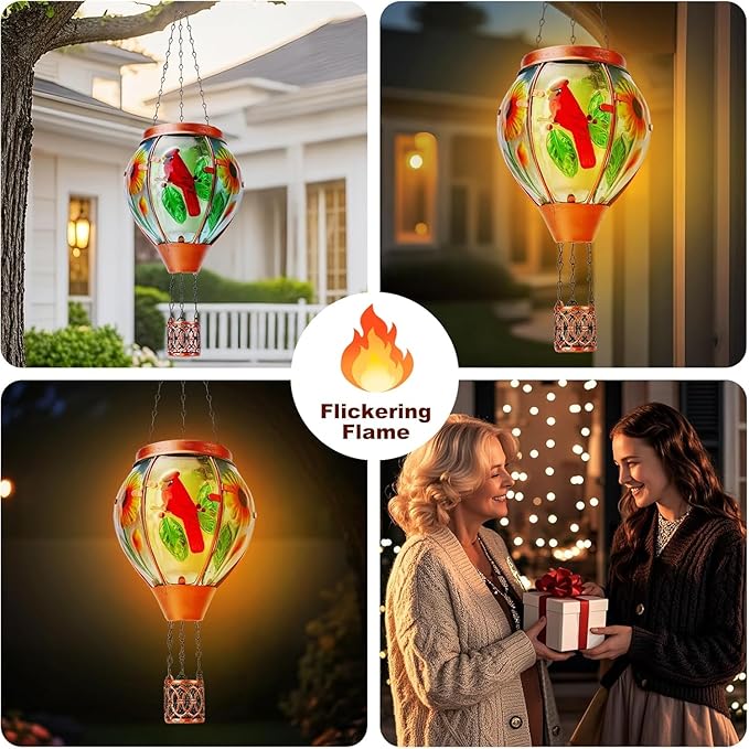 Solar Hot Air Balloon Lantern with Flame, Cardinal Glass Solar Hanging Lights Outdoor Yard Patio Farmhouse Decoration, Cardinal Gifts for Women Grandma Mom(2 Pack)