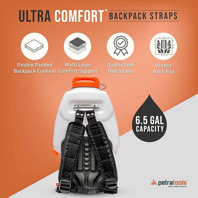 PetraTools Battery Backpack Sprayer with Custom Fitted Cart and 100 Foot Commercial Hose, 2 Hoses Included, Commercial Quality Heavy Duty Sprayer (HD5000 6.5-Gallon with Reel Cart)