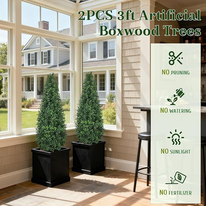 (Set of 2) 36" Artificial Boxwood Cone Topiary Trees - UV Resistant Faux Greenery Pyramid Shrubs for Outdoor Front Porch & Entryway Decor, 2-Section Easy Assembly Potted Plants for Garden & Patio