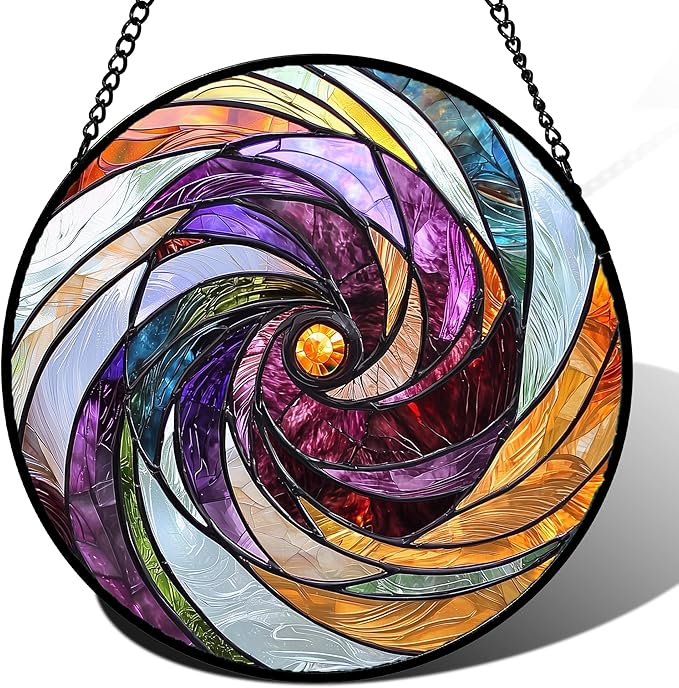 Stained Glass Window Hanging, Colorful Abstract Spiral Pattern Suncatcher for Doors Window Home Sun Catchers Decoration Mother's Day Birthday Gifts for Women, Men, and Mom 7.8 in