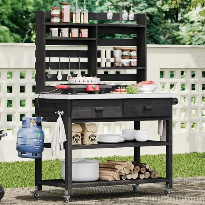 Merax 64.9" H Outdoor Potting Bench Table with Lockable Wheels, Solid Wood Outdoor Kitchen Island with Upper Hutch, Stainless Steel Top, Towel Rack, Outdoor Storage for Grilling, Lawn Garden, Black