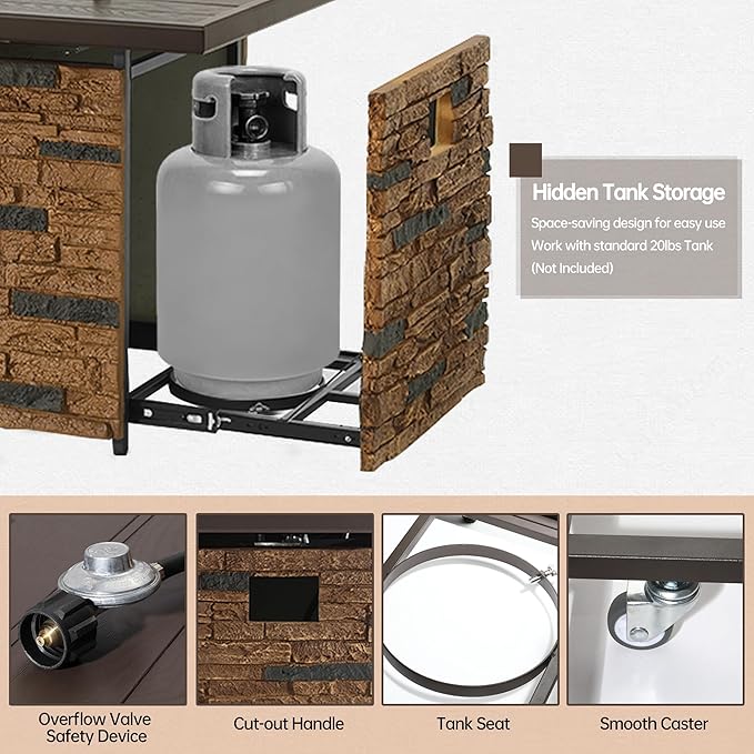 PIZZELLO 43 Inch Propane Fire Pit Table Outdoor Stone Firepit Rectangular 50000 BTU Propane Fire Tables for Outside Patio with Wind Guard, Table Lid, Fire Beads, Cover, Pizzello Caldo (Brown)