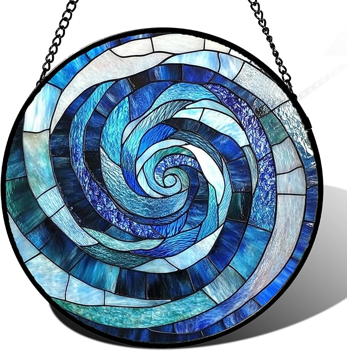 Stained Glass Window Hanging - Blue Abstract Swirl Suncatcher for Doors Garden Patio Unique Sun Catchers Decor Christmas Mother's Day Birthday Gifts for Women Men Mom Nana Friend 6.3 in
