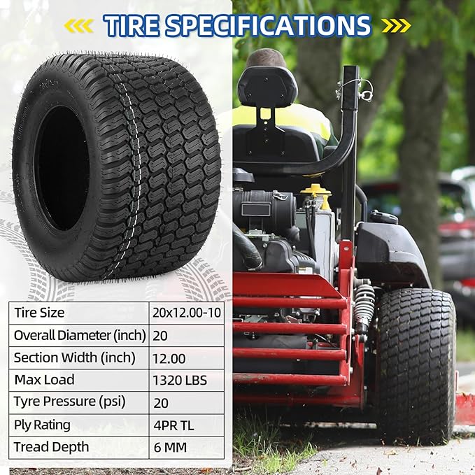 (2 Pack) 20x12.00-10 Tubeless Lawn Mower Tires, 20x12-10 for Tractor Riding Lawnmowers, 4 Ply, Turf-S Pattern