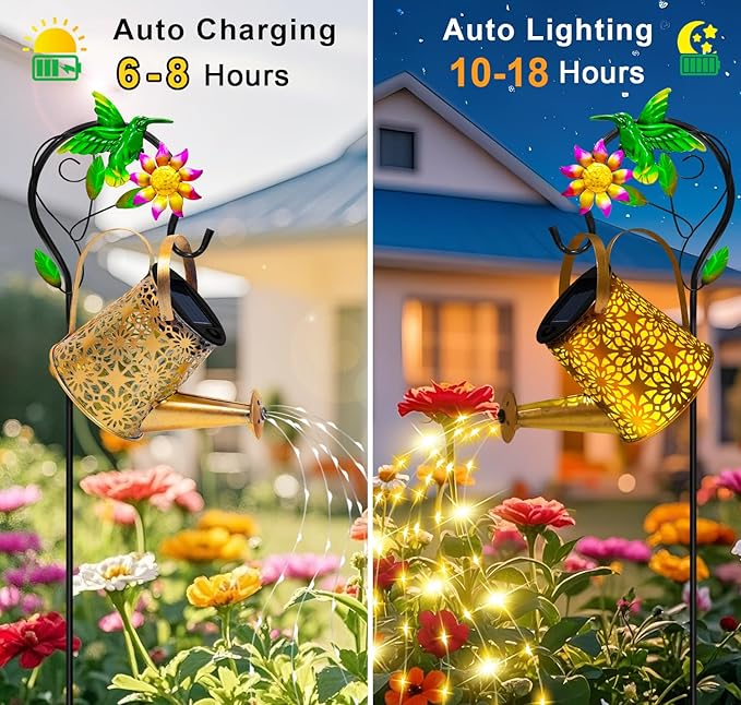 Solar Metal Watering Can with Hummingbird Shepherd Hook and Cascading Lights, Outdoor Solar Lantern for Garden, Yard, Patio Decor and Gardening Gifts for Women Mother's Day