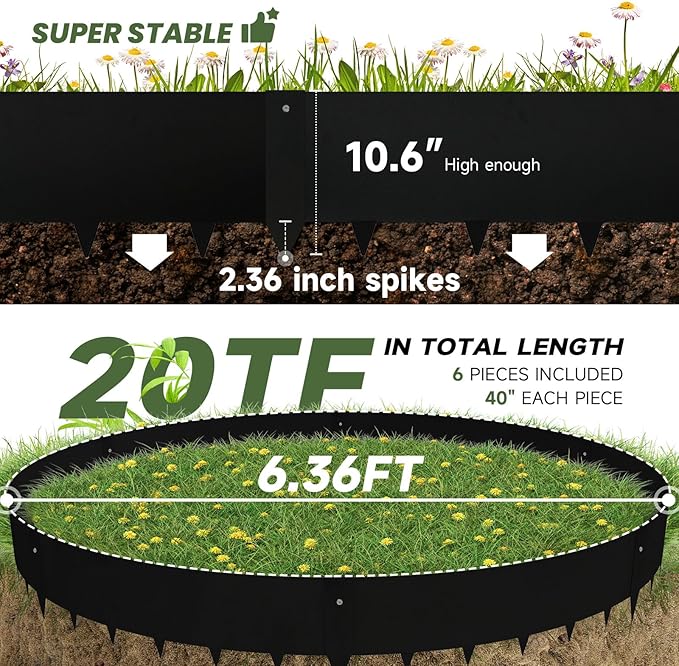 Steel Landscape Edging - 40" LX10 H Metal Garden Edging - Landscape Lawn Edging - 20FT Total 6 Pcs - No-Dig Hammer Heavy Duty Metal Edging Bendable Border Strips for Lawn Yard Black GJWCVL - 6 Clips