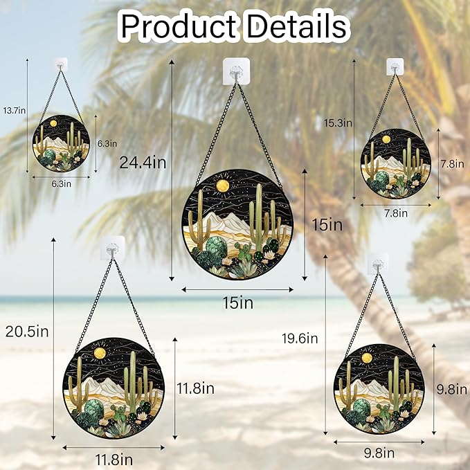 Stained Glass Window Hanging, Black and White Golden Cactus Nature Suncatcher for Doors Window Home Starry Sky Sun Catchers Decor Mother's Day Birthday Gifts for Women, Men Mom 15 in